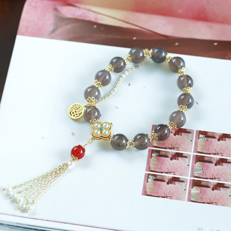 KarmaRipple's Authentic Gray Agate Fu Character Pearl Tassel Balance Bracelet p12