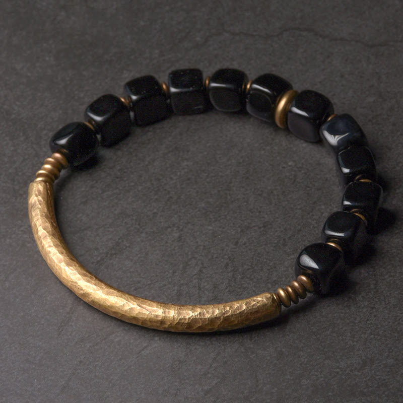 KarmaRipple's Black Obsidian Gemstone Bronze Strength Pair Bracelet p17