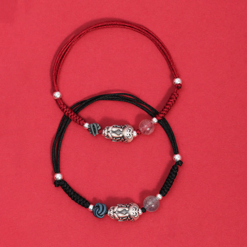 KarmaRipple's 999 Sterling Silver PiXiu Strawberry Quartz Bead Wealth Fortune Woven Bracelet p3