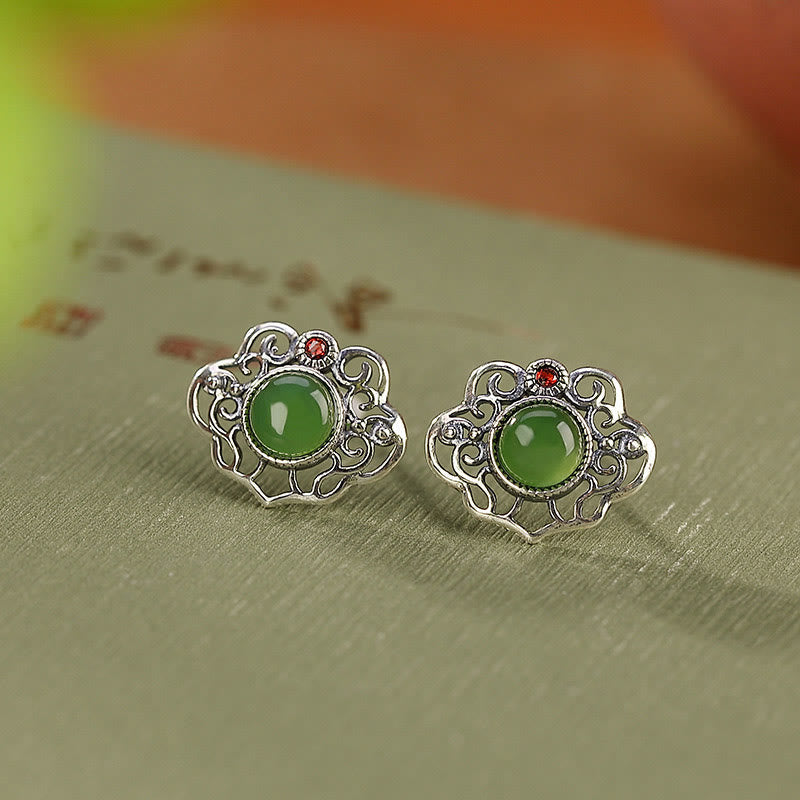 KarmaRipple's 925 Sterling Silver Authentic Hetian Cyan Jade Hollow Design Fortune Ring Earrings Set p10