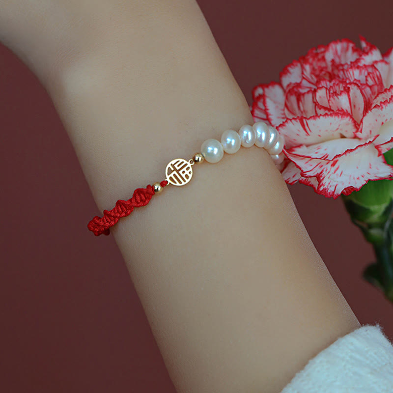 KarmaRipple's 14K Gold Plated Pearl Bead Fortune Protection Braid Red String Bracelet p17