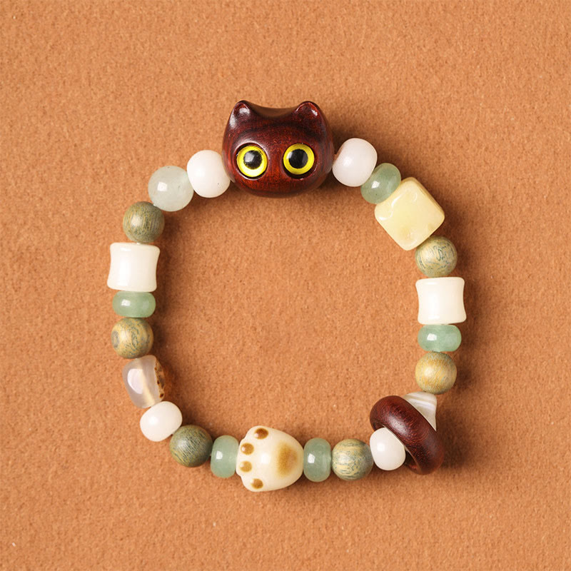KarmaRipple's Bodhi Seed Green Sandalwood Ebony Wood Small Leaf Red Sandalwood Cat Head Paw Claw Peace Bracelet p21