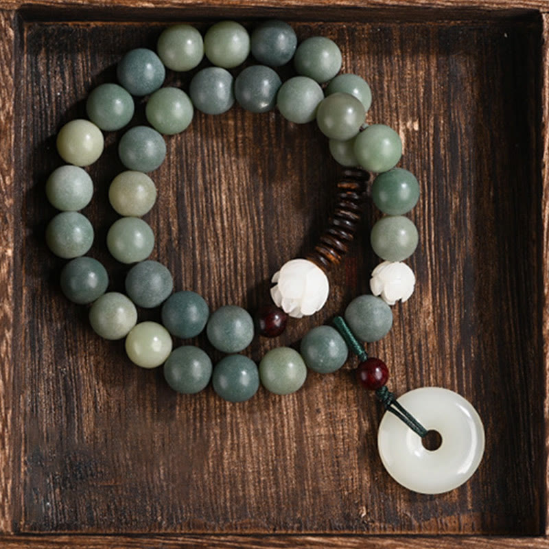 KarmaRipple's Cyan Bodhi Seed Lotus Jade Peace Buckle Wisdom Double Wrap Bracelet p10