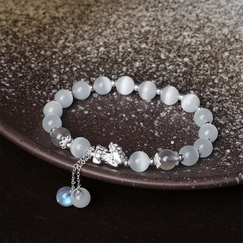 KarmaRipple's Authentic Cat's Eye Moonstone Strawberry Quartz PiXiu Support Bracelet p3