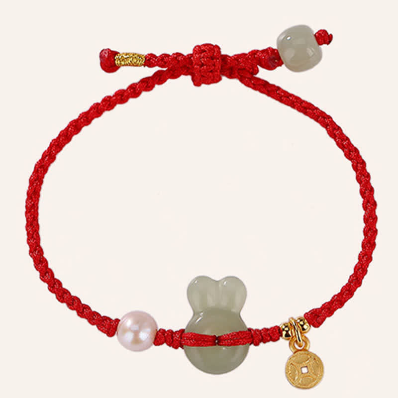 KarmaRipple's 925 Sterling Silver Year of the Rabbit Hetian Jade Bronze Coin Wealth Red String Bracelet p7