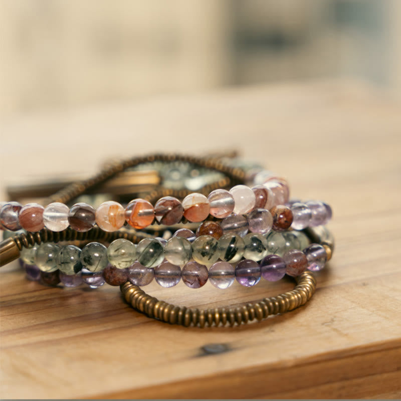 KarmaRipple's Purple Phantom Red Hematoid Quartz Green Rutilated Quartz Bronze Love Forgive Bracelet p26