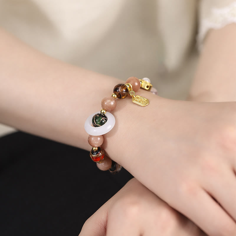 KarmaRipple's Tibetan Incense Ash Liuli Glass Tridacna Stone Sun Stone Om Mani Padme Hum Prayer Wheel Talisman Bracelet p11