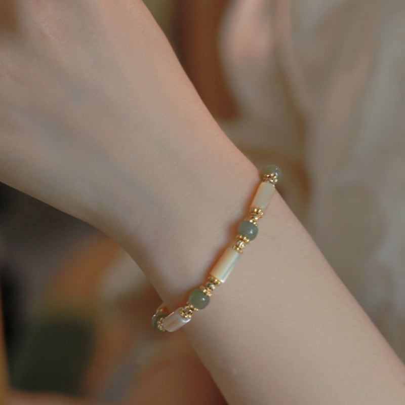 KarmaRipple's 14K Gold Plated Tridacna Stone Hetian Jade Bead Bamboo Pattern Bracelet p9