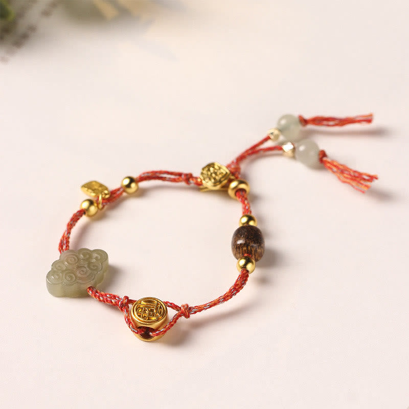 KarmaRipple's Handmade Auspicious Clouds Hetian Jade Fu Character Fortune Fortune Rope Bracelet p9