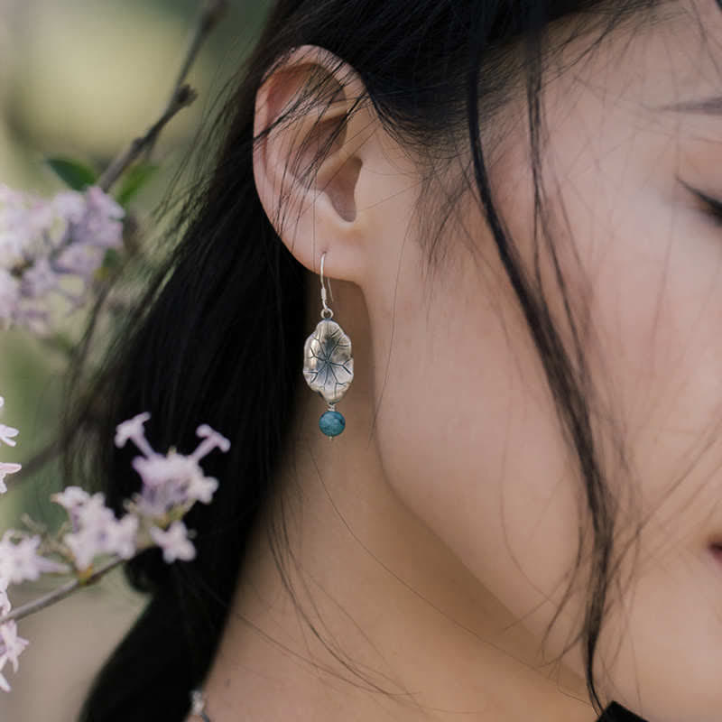 KarmaRipple's 925 Sterling Silver Turquoise Lotus Leaf Protection Drop Dangle Earrings p5