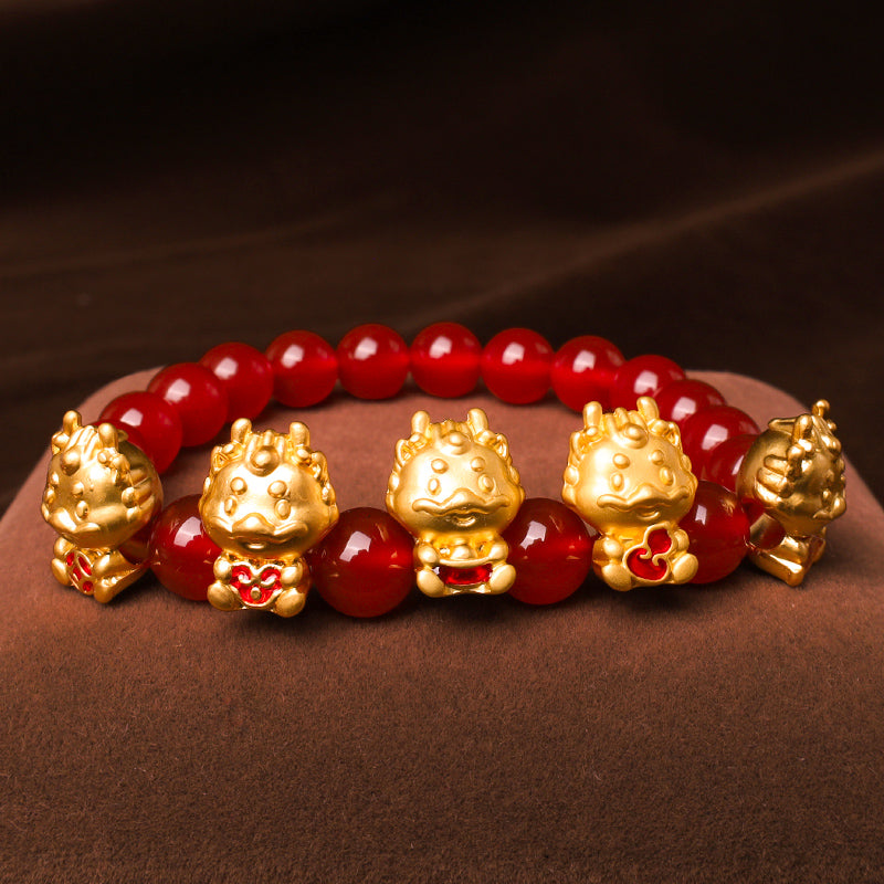 KarmaRipple's Year of the Dragon Authentic Red Agate Bronze Coin Fu Character Protection Bracelet p1