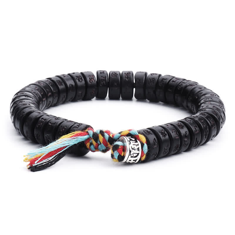 KarmaRipple's Tibetan Coconut Shell Beadwork Engraved Om Mani Padme Hum Mantra Happiness Bracelet p1