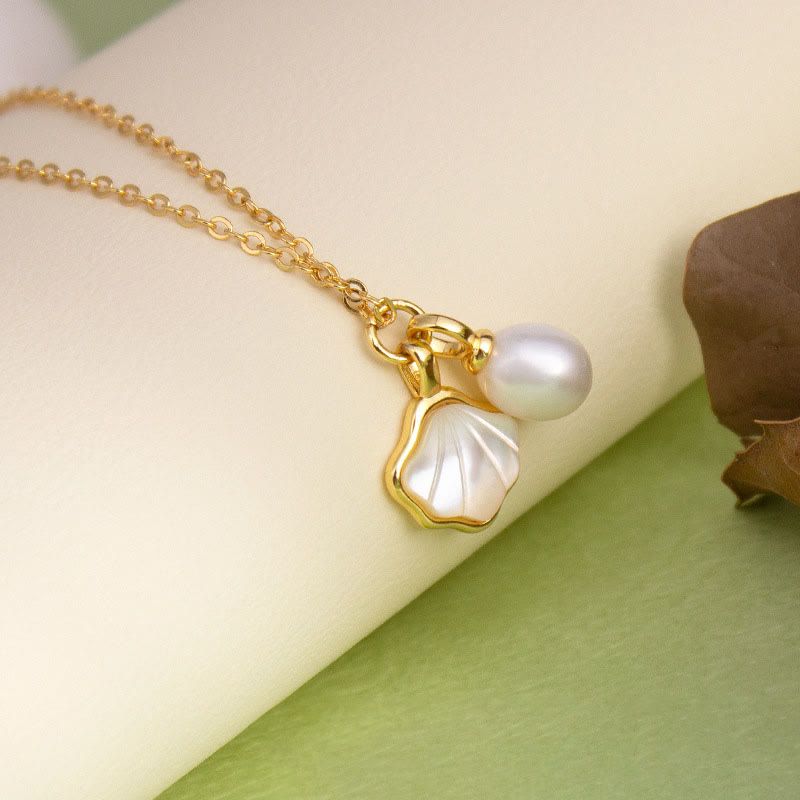 KarmaRipple's Ginkgo Tridacna Stone Pearl Bead Bronze Blessing Pendant Necklace Ring Earrings Set p12