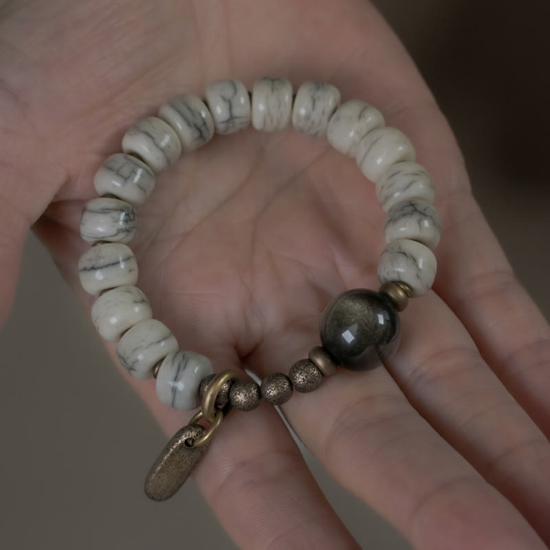 KarmaRipple's Tibetan Yak Bone Gold Sheen Obsidian Brass Bead Strength Bracelet p11