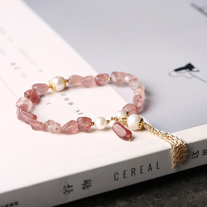KarmaRipple's Authentic Strawberry Quartz Pearl 14k Gold Plated Love Balancing Bracelet p5