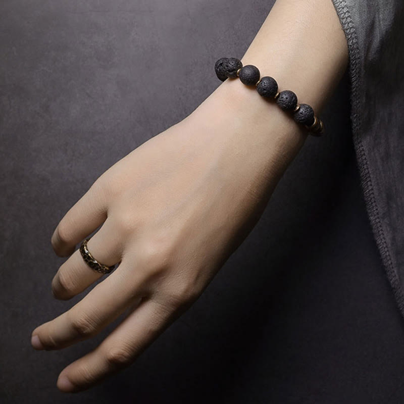 KarmaRipple's Lava Rock Stone Rainbow Obsidian Bronze Support Balancing Bracelet p9