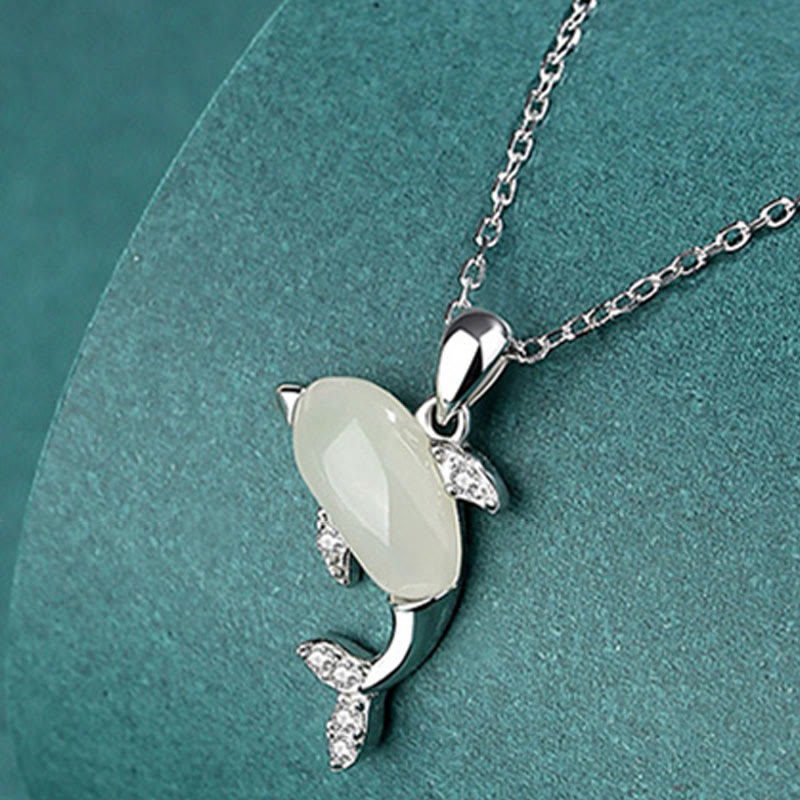KarmaRipple's 925 Sterling Silver Cute Dolphin Hetian Jade Red Agate Fortune Pendant Necklace Ring Earrings Set p19