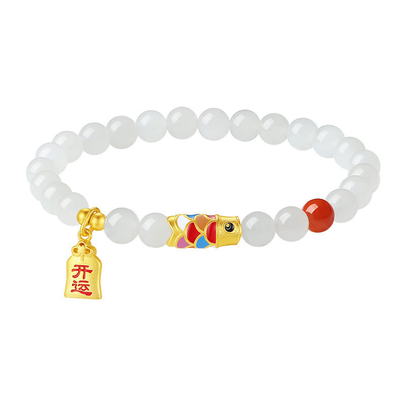 KarmaRipple's 925 Sterling Silver Hetian Ivory Jade Red Agate Koi Fish Fortune Happiness Bracelet p11
