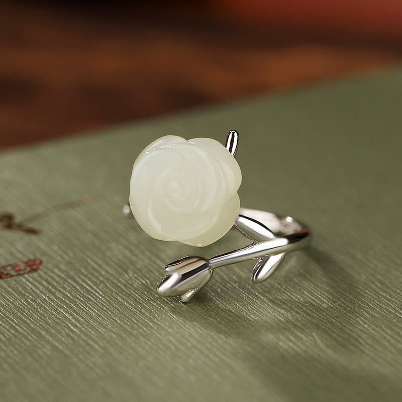 KarmaRipple's 925 Sterling Silver Plated Gold Rose Flower Hetian Ivory Jade Happiness Ring p2