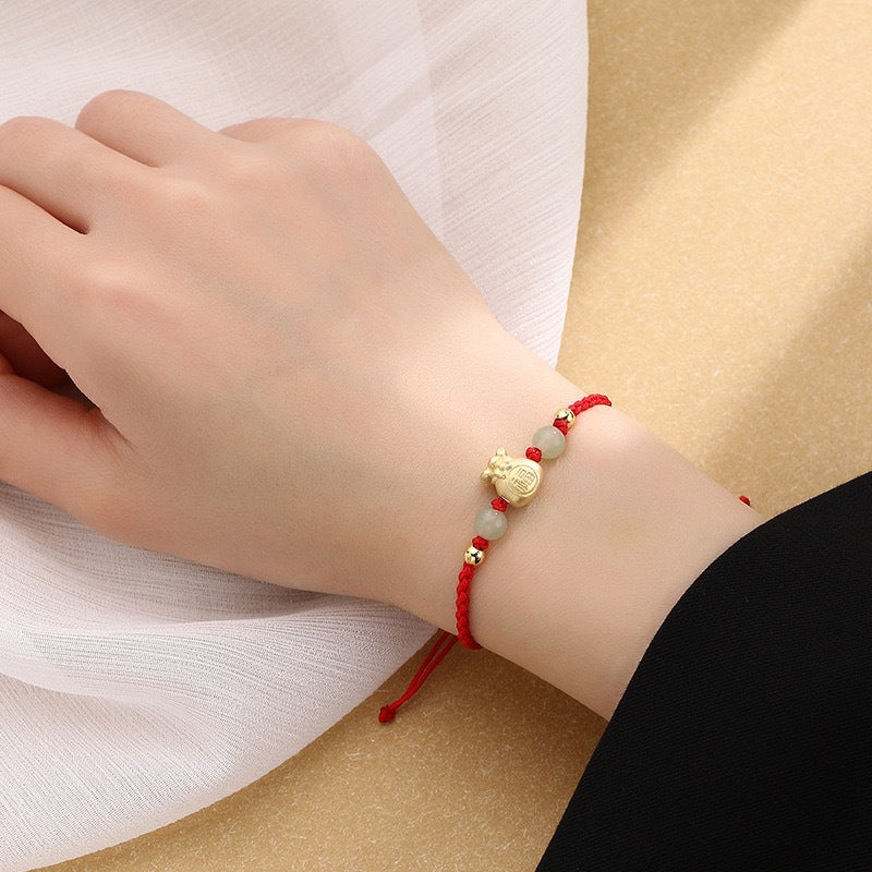 KarmaRipple's Fortunate Money Bag Fu Character Jade Bead Fortune Woven Bracelet p1