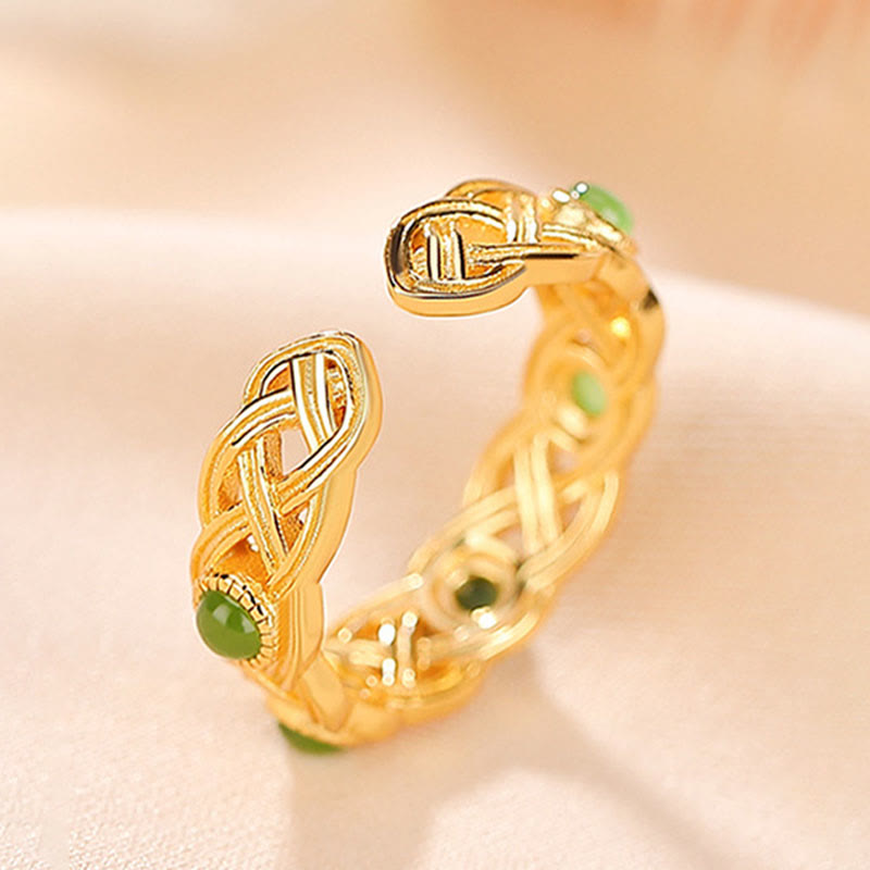 KarmaRipple's 925 Sterling Silver Plated Gold Cyan Jade Woven Design Success Fortune Adjustable Ring p4