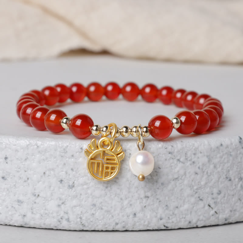 KarmaRipple's Year of the Dragon Red Agate Jade Peace Buckle Fu Character Success Bracelet ( p32