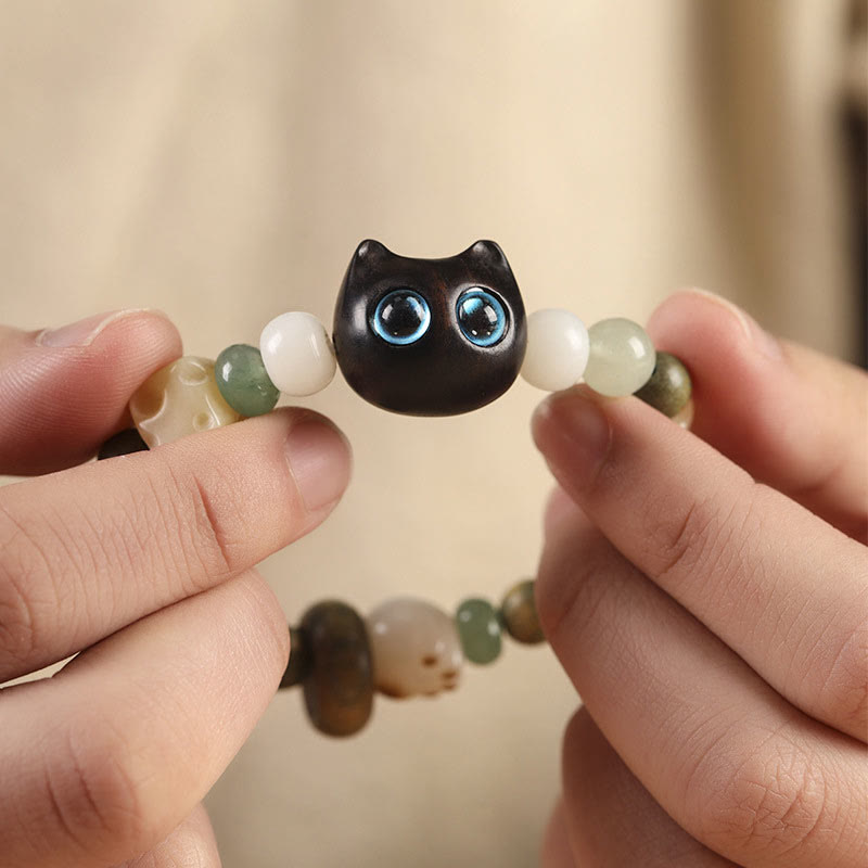 KarmaRipple's Bodhi Seed Green Sandalwood Ebony Wood Small Leaf Red Sandalwood Cat Head Paw Claw Peace Bracelet p8