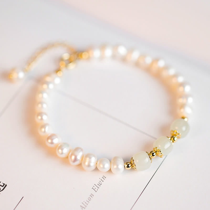 KarmaRipple's 14K Gold Plated Authentic Pearl Hetian Cyan Jade Ivory Jade Sincerity Bead Chain Bracelet p22