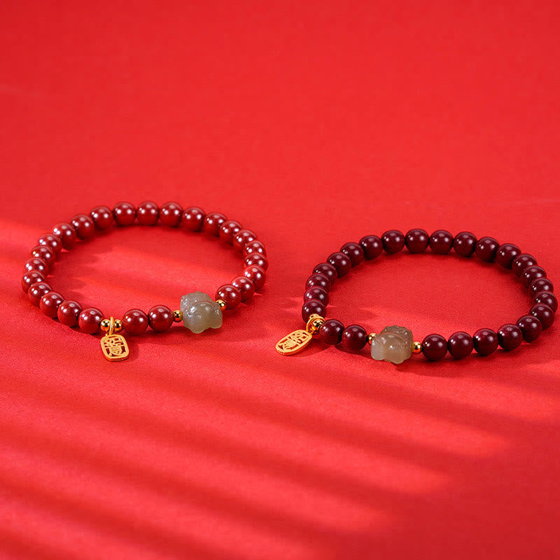 KarmaRipple's 925 Sterling Silver Year of the Dragon Authentic Cinnabar Hetian Jade Dragon Fu Character Ruyi As one'shes Talisman Blessing Bracelet ( p18