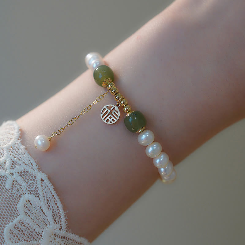 KarmaRipple's Authentic Pearl Hetian Jade Happiness Wisdom Bead Bracelet p12