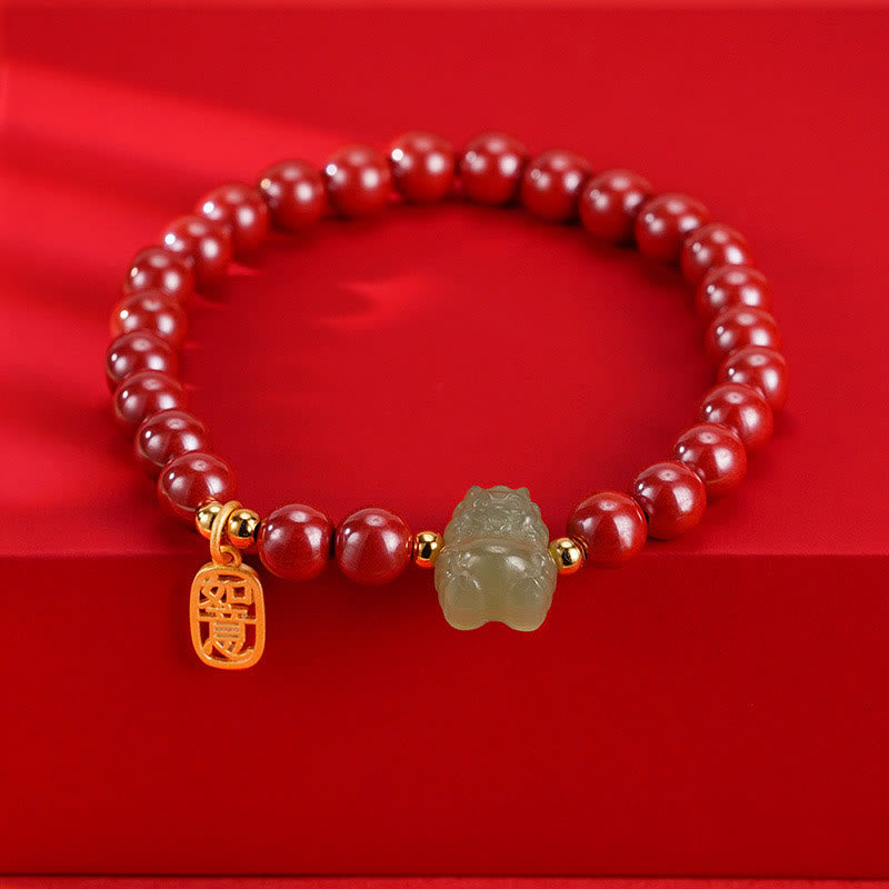 KarmaRipple's 925 Sterling Silver Year of the Dragon Authentic Cinnabar Hetian Jade Dragon Fu Character Ruyi As one'shes Talisman Blessing Bracelet ( p2