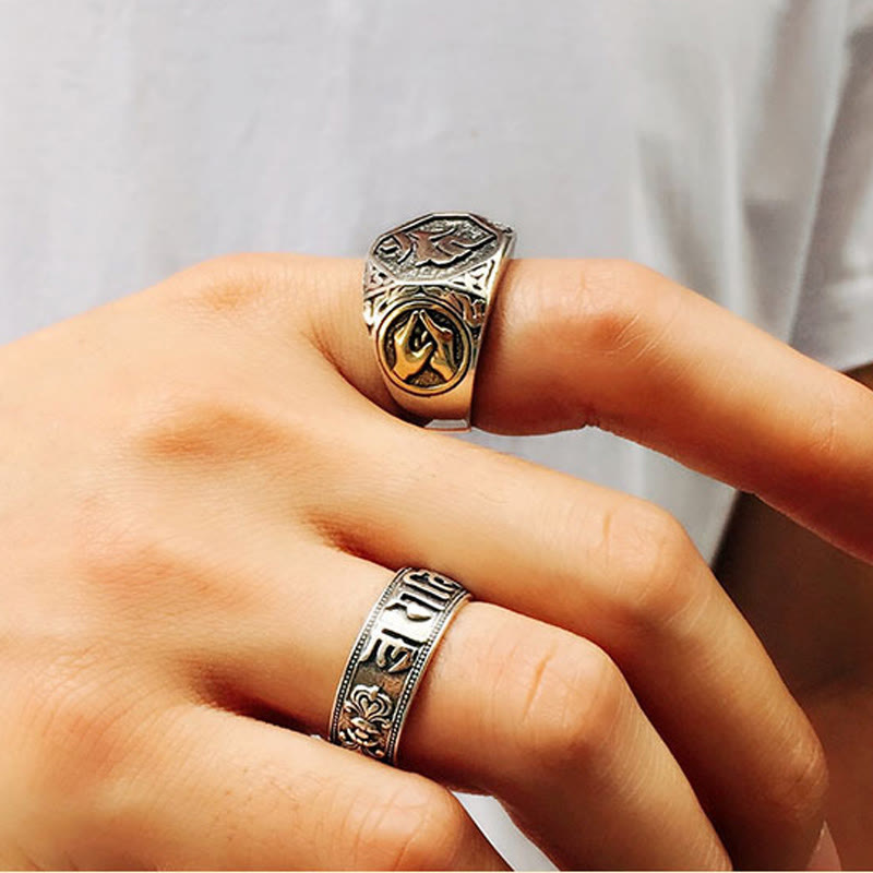 KarmaRipple's 925 Sterling Silver Sanskrit'sign Carved Protection Adjustable Ring p23
