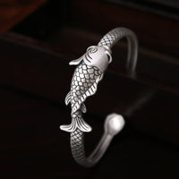 KarmaRipple's 990 Sterling Silver Koi Fish Lotus Fortune Wealth Bracelet Bangle