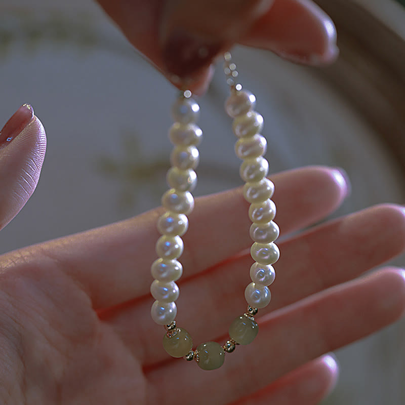 KarmaRipple's 14K Gold Plated Authentic Pearl Hetian Cyan Jade Ivory Jade Sincerity Bead Chain Bracelet p4