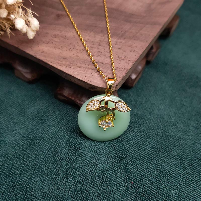 KarmaRipple's Round Jade Leaf Blessing Fortune Pendant Chain Necklace p3