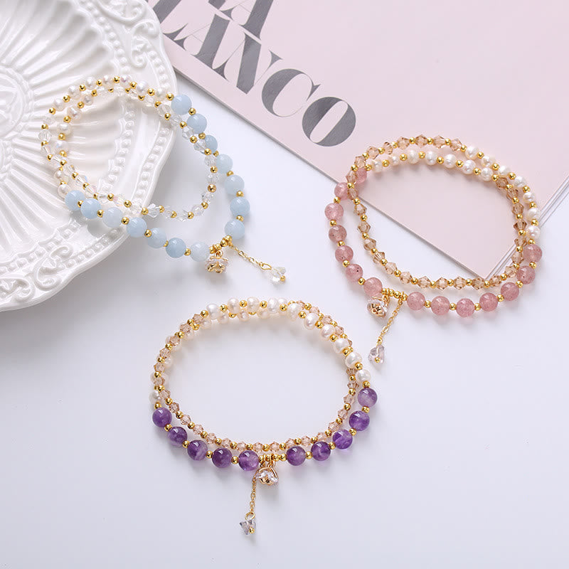 KarmaRipple's Authentic Amethyst Aquamarine Strawberry Quartz Pearl Peace Balancing Double Wrap Bracelet p4