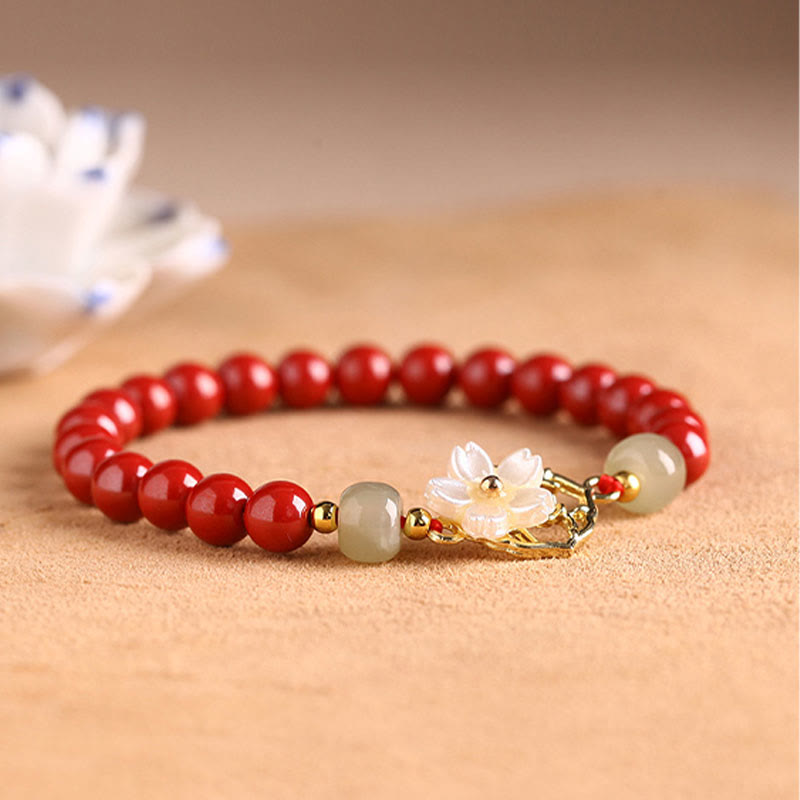 KarmaRipple's Authentic Cinnabar Jade Beaded Tridacna Stone Flower Blessing Bracelet p12