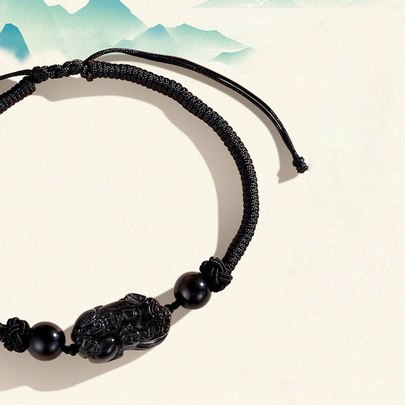 KarmaRipple's Handmade Authentic Silver Sheen Obsidian Strawberry Quartz PiXiu Protection Woven Bracelet p7