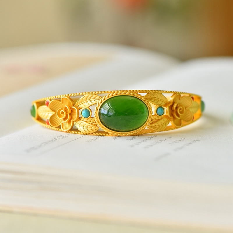 KarmaRipple's Cyan Jade Ivory Jade Flower Leaf Balance Fortune Bracelet Bangle p8
