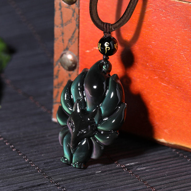 KarmaRipple's Authentic Rainbow Obsidian Gold Sheen Obsidian Nine Tailed Fox Positive Pendant Necklace p6