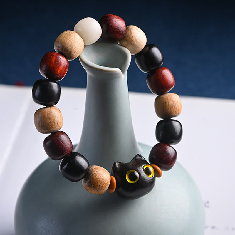 KarmaRipple's Small Leaf Red Sandalwood Ebony Wood Cute Cat Engraved Protection Bracelet p4