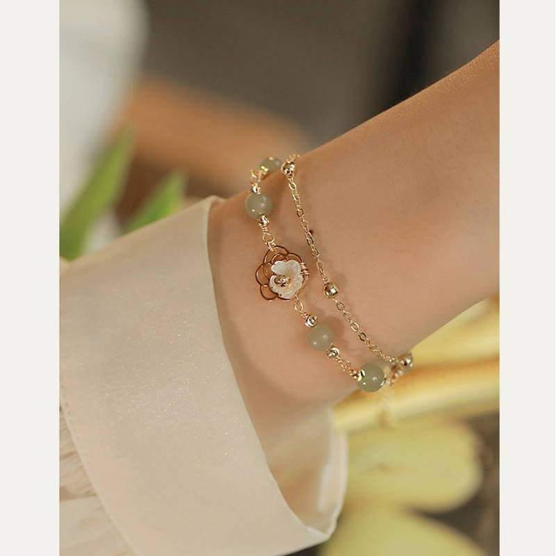 KarmaRipple's 14K Gold Plated Jade Butterfly Tridacna Stone Flower Double Layer Fortune Bracelet p10