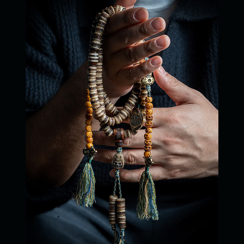 KarmaRipple's Tibetan 108 Mala Beadwork Yak Bone Dzi Bead The Lord of the Corpse Forest Strength Bracelet p9