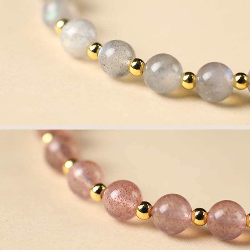 KarmaRipple's 14K Gold Plated Authentic Strawberry Quartz Labradorite Sun Stone Fu Character Positive Talisman Bracelet p17