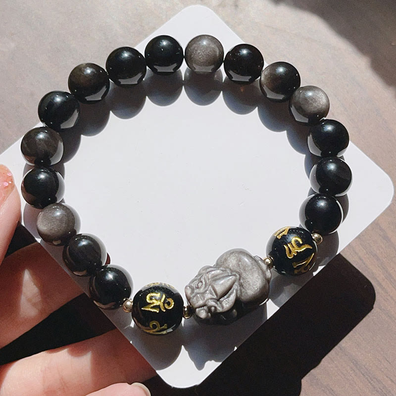 KarmaRipple's Authentic Silver Sheen Obsidian Black Obsidian Om Mani Padme Hum Pixiu Protection Bracelet p3