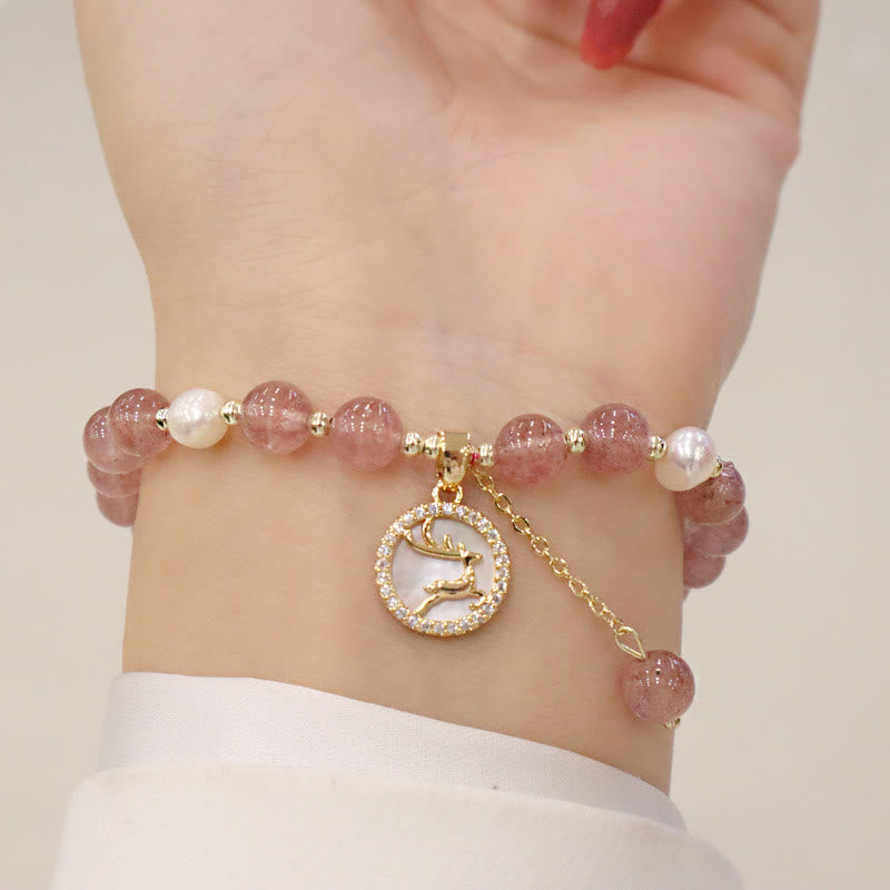 KarmaRipple's Strawberry Quartz Pearl Elk Smiley Face Fishtail Fu Character Talisman Balancing Bracelet p7