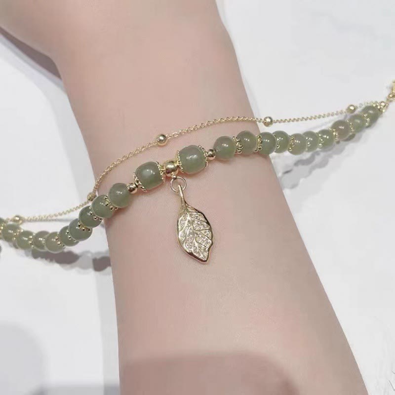 KarmaRipple's Jade Leaf Ginkgo Tulip Peanut Fu Character Fortune Beaded Bracelet p11