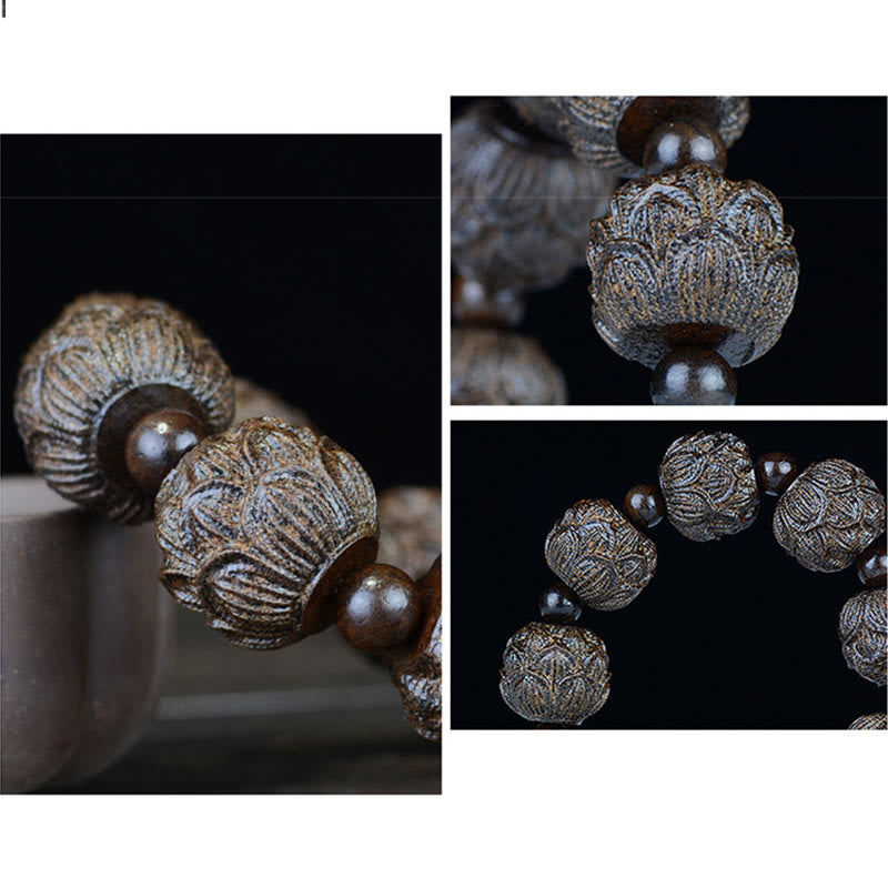 KarmaRipple's Ebony Wood Eighteen Arhats Lotus Dragon Engraved Balance Bracelet p13