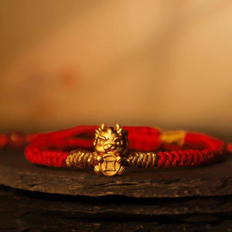 KarmaRipple's 999 Sterling Silver Year of the Dragon Bronze Coin Fortune Dragon Fu Character Fortune Handcrafted Red String Woven Bracelet p6
