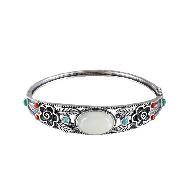 KarmaRipple's Cyan Jade Ivory Jade Flower Leaf Balance Fortune Bracelet Bangle p13